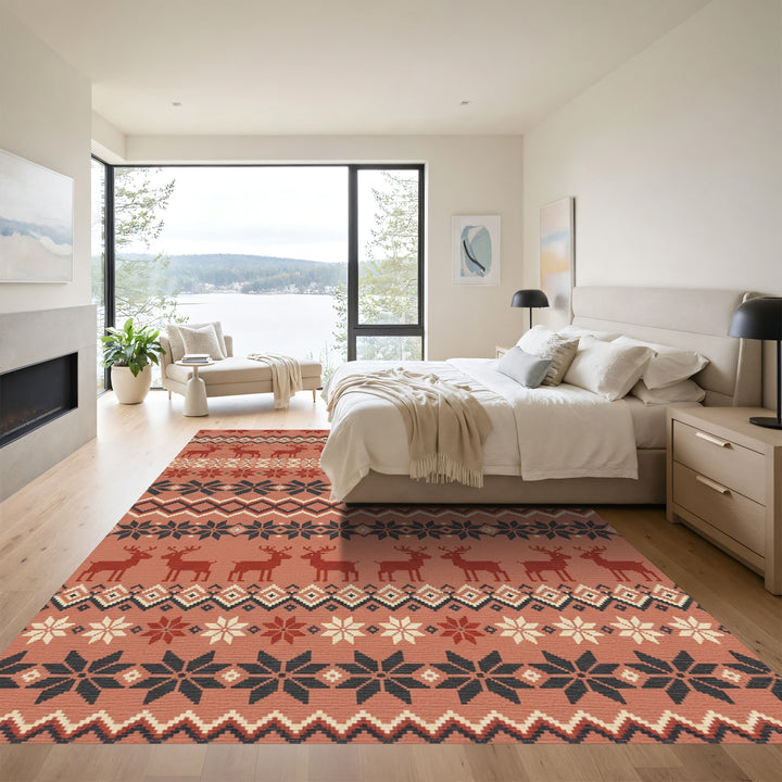 Rustic Red Deer Snowflake Nordic Rug