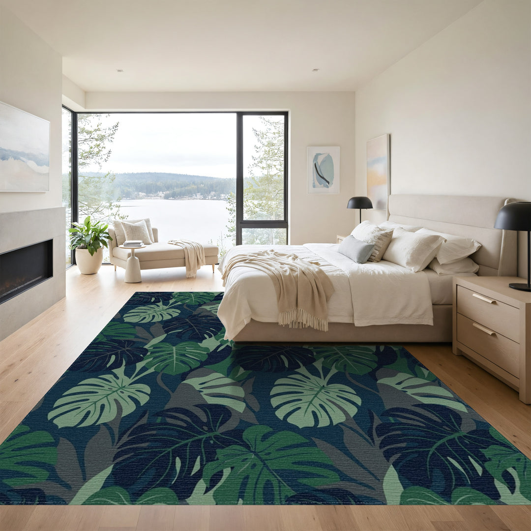 Deep Forest Monstera Leaf Arrangement Rug