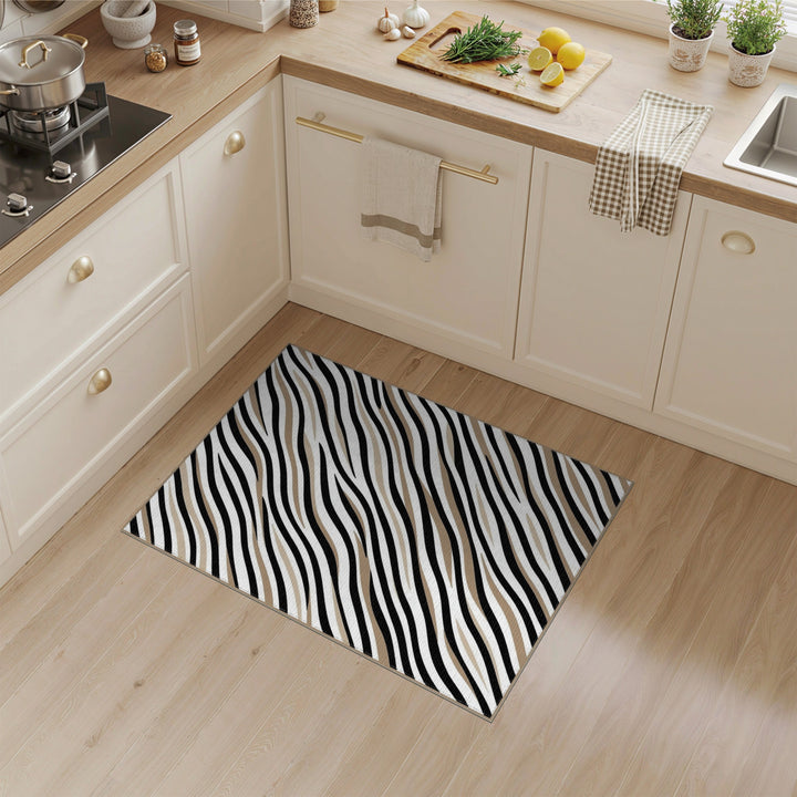 Abstract Area Black White Wavy Stripe Area Rug