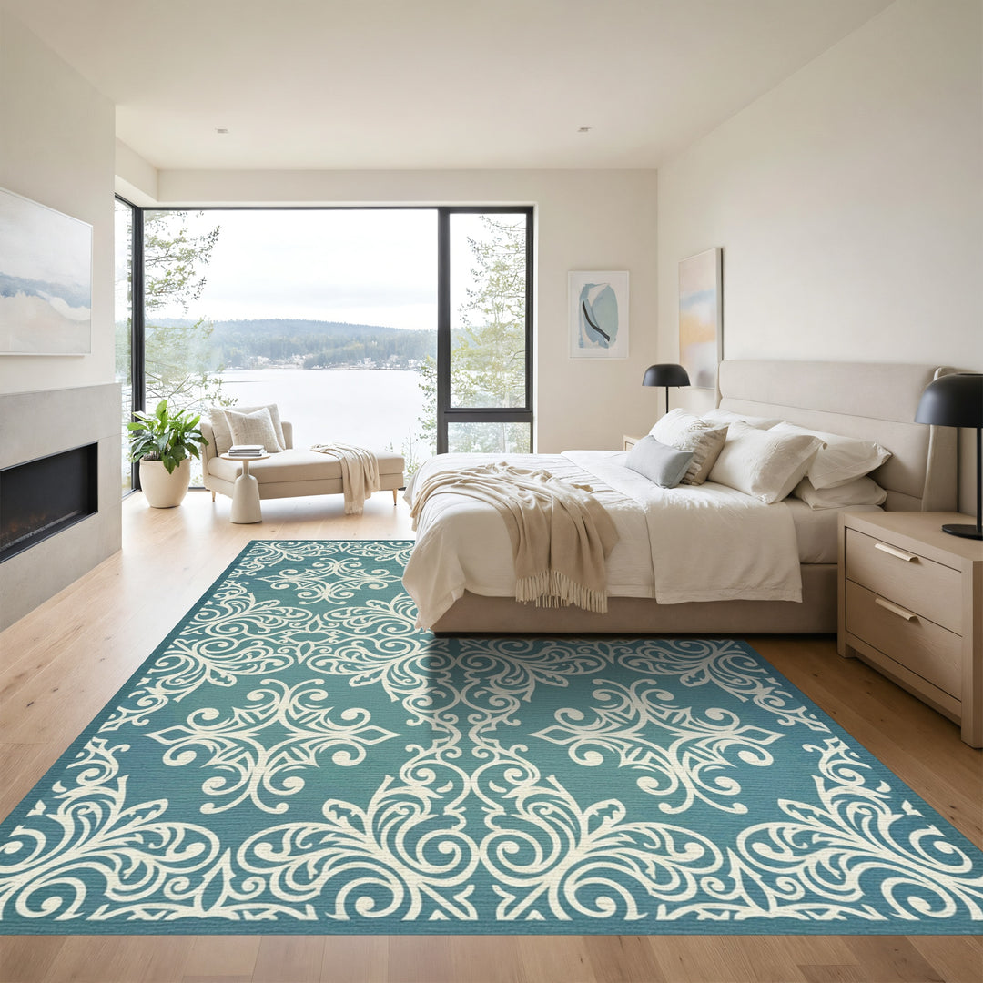 Ornate Teal White Scrollwork Rug