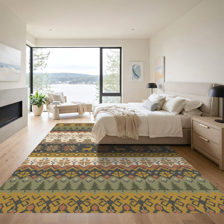 Earthy Woodland Deer Snowflake Stripes Rug