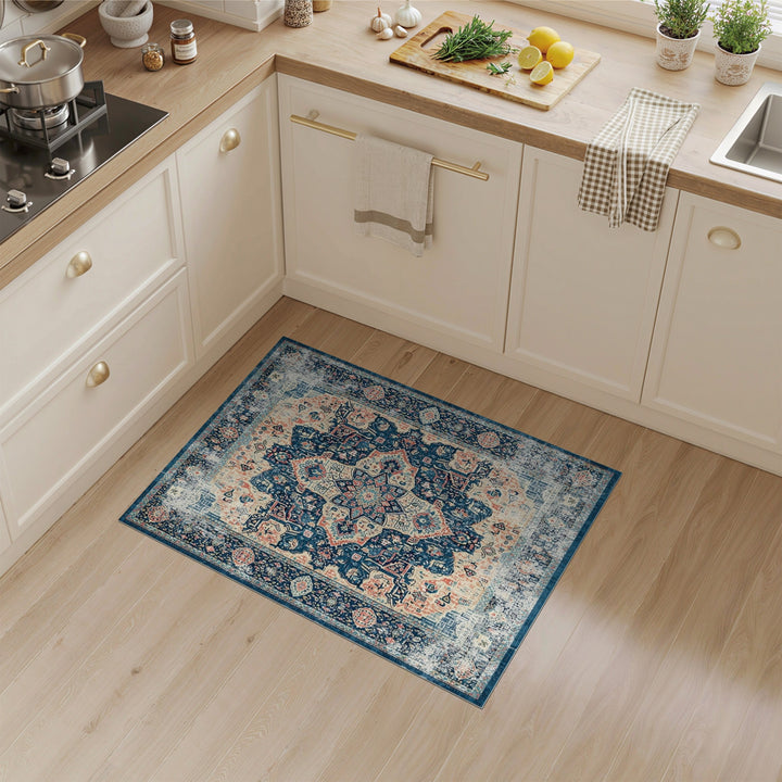 Blue Teal Distressed Vintage Medallion Area Rug