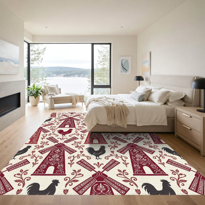 Country Red Windmill Rooster Floral Rug