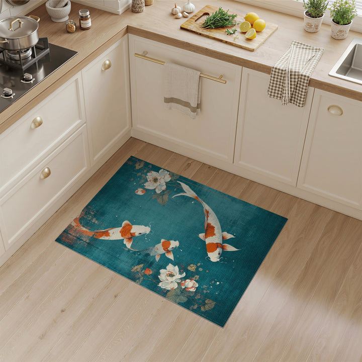 Distressed Vintage Koi Lotus Teal Area Rug