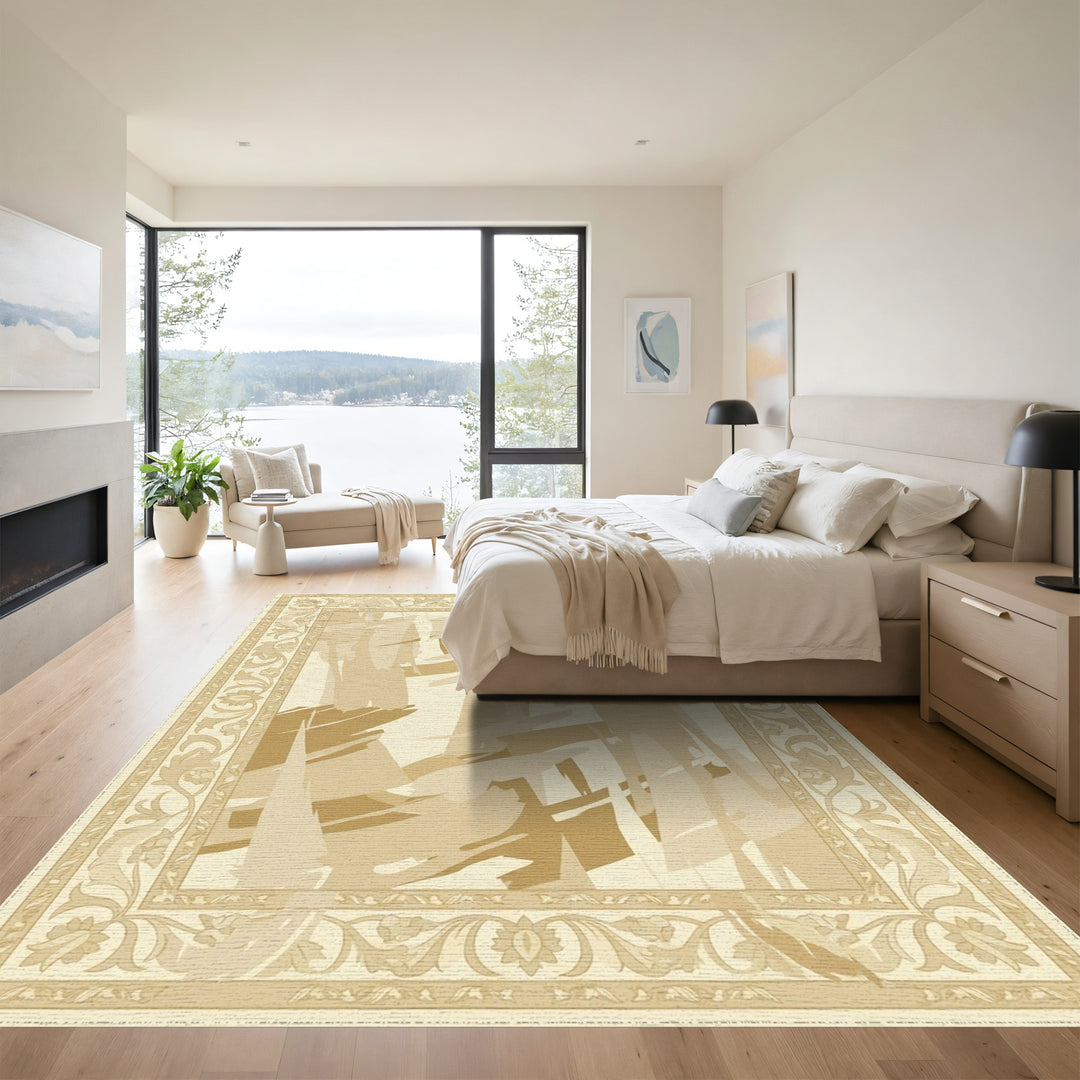 Abstract Beige Brushstroke Floral Border Rug