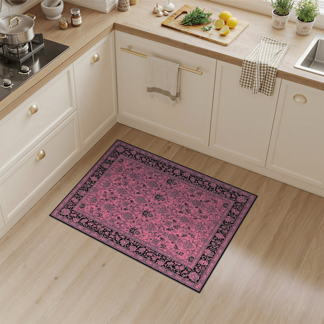 Pink and Black Floral Vintage Area Rug