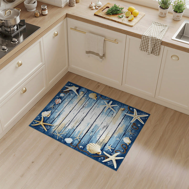 Blue and Teal Coastal Blue Starfish Seashell Area Rug