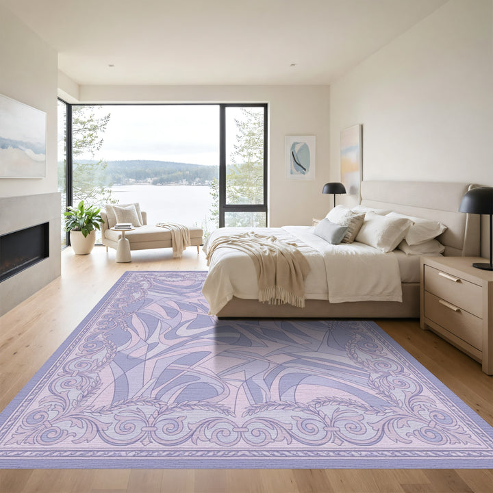 Lavender Swirl Abstract Scrolled Frame Rug