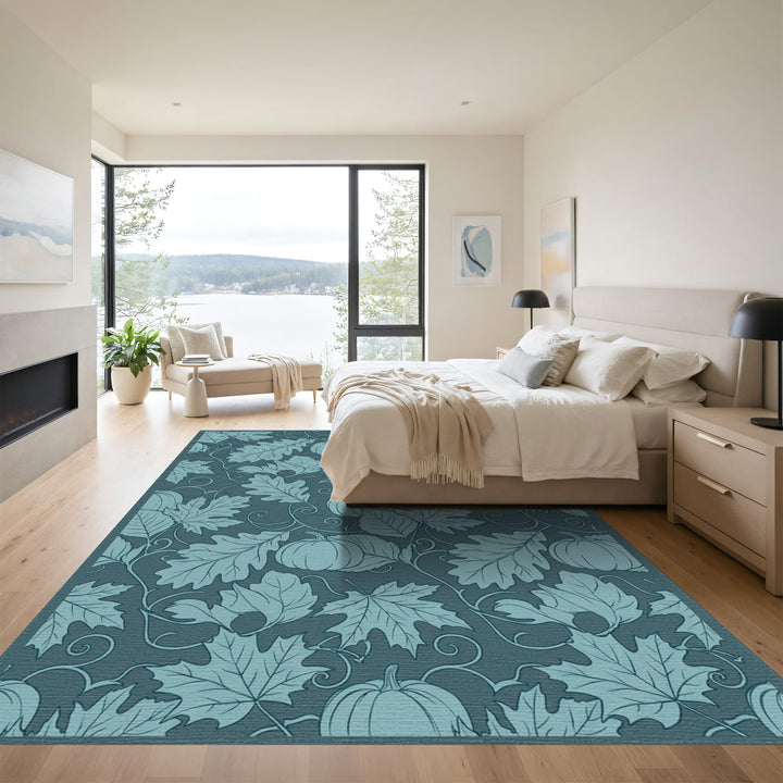 Autumn Pumpkin Leaf Swirl Teal Rug