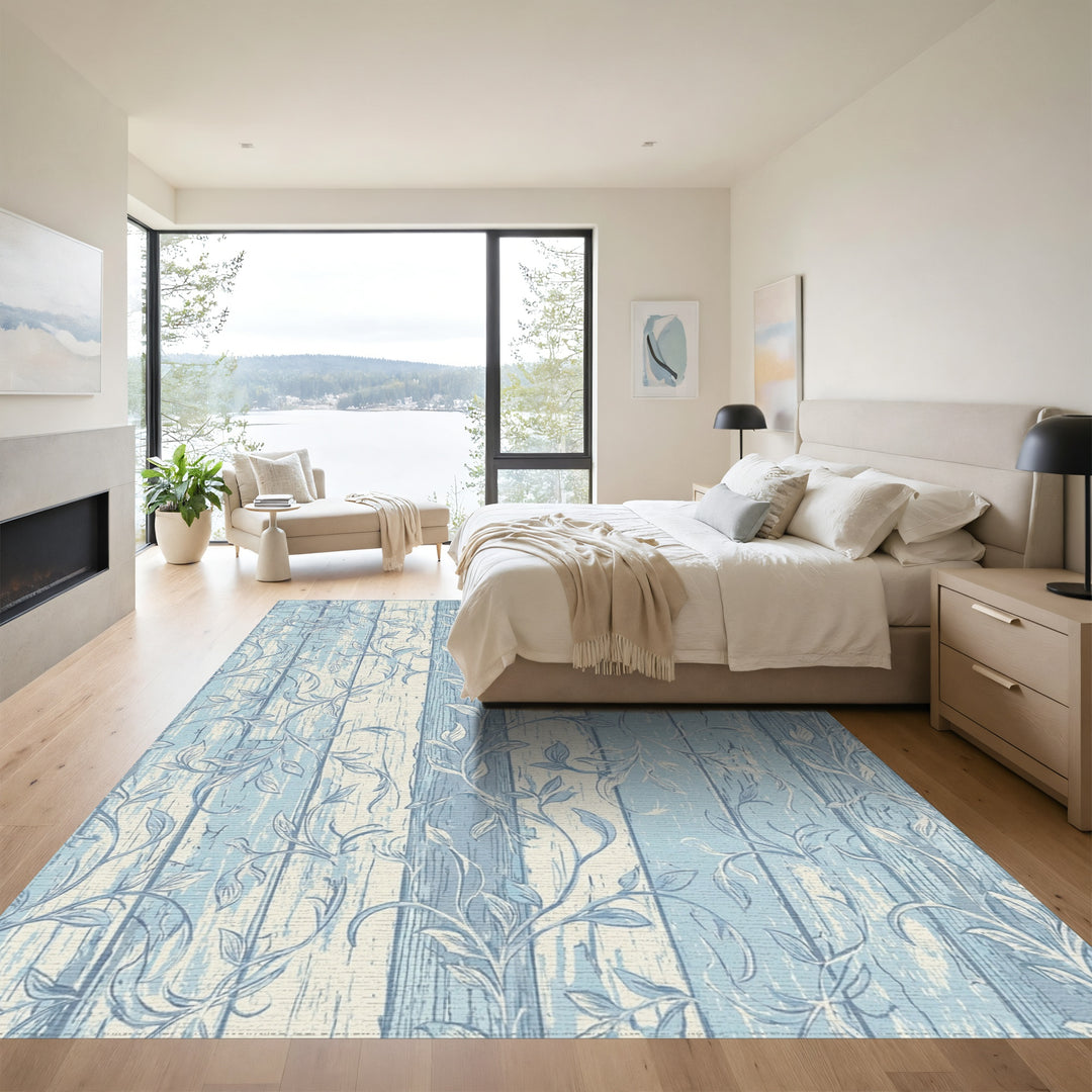Blue Wood Grain Leafy Vine Rug