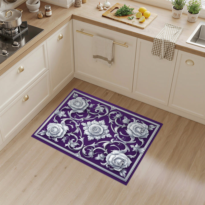 Purple Rose Scroll Floral Area Rug