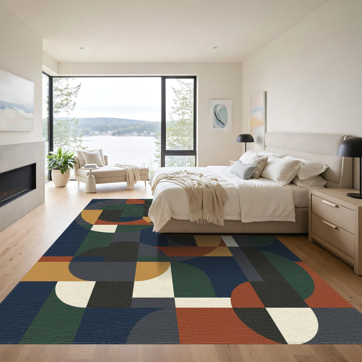 Mid Century Circles Squares Ochre Navy Rug