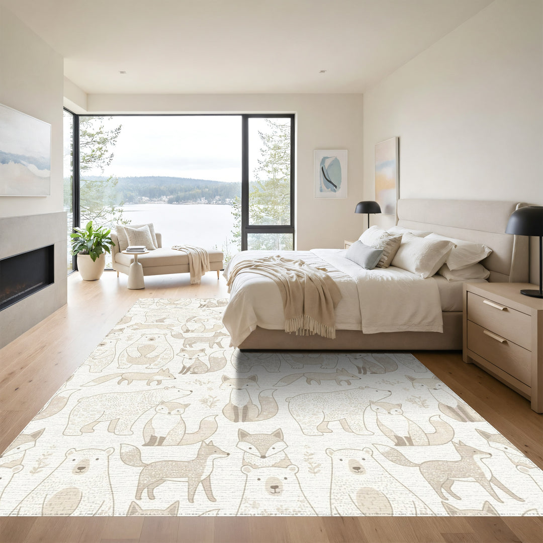 Woodland Creatures Beige Bear Fox Repeat Rug