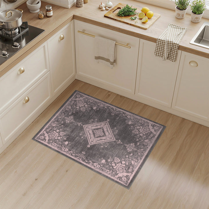 Grey Distressed Vintage Floral Diamond Area Rug