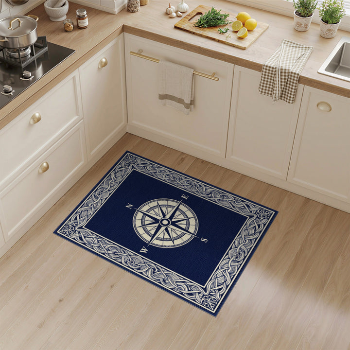 Navy Compass Rose Area Rug with Braided Border