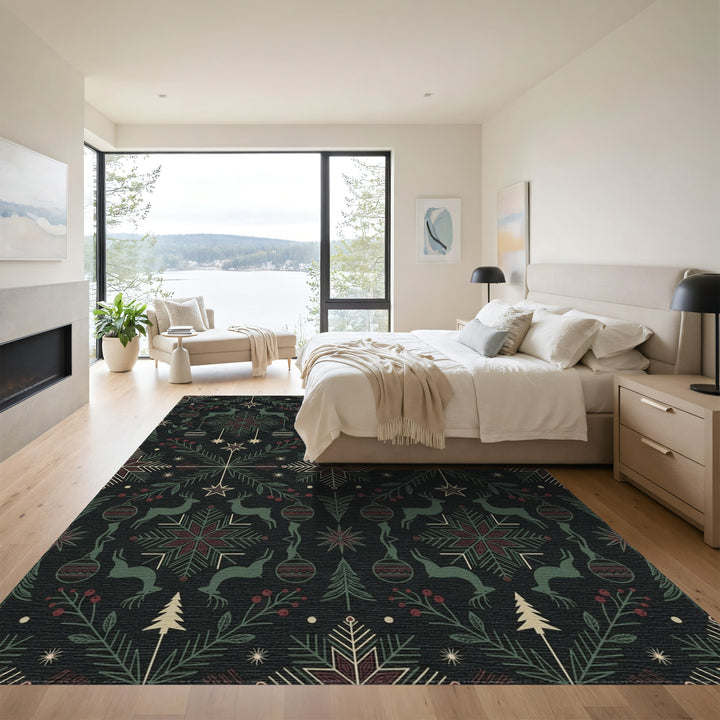 Deep Green Red Reindeer Ornaments Stars Rug