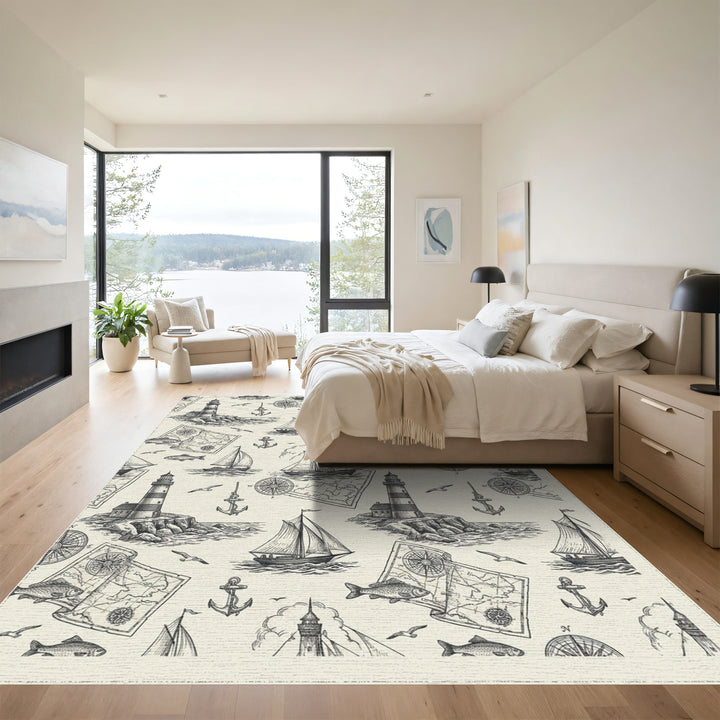 Nautical Seaside Lighthouses Sailboats Anchor Map Rug