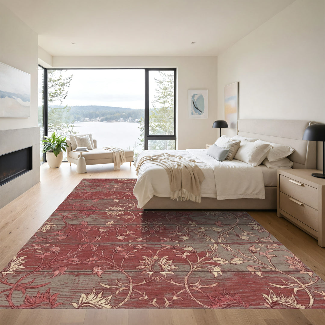 Rustic Red Scrolled Floral Wood Panel Rug