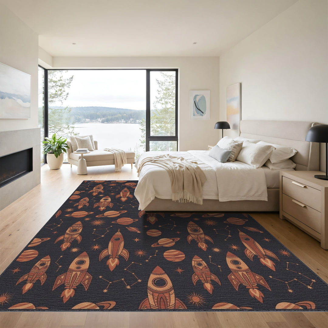 Retro Rocket Nebula Constellation Rug