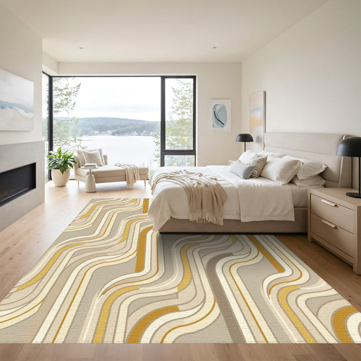 Retro Wavy Stripe Gold Cream Rug