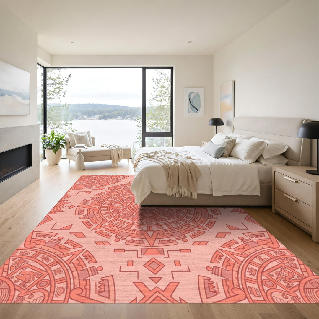 Coral Sunrise Mesoamerican Sun Stone Rug