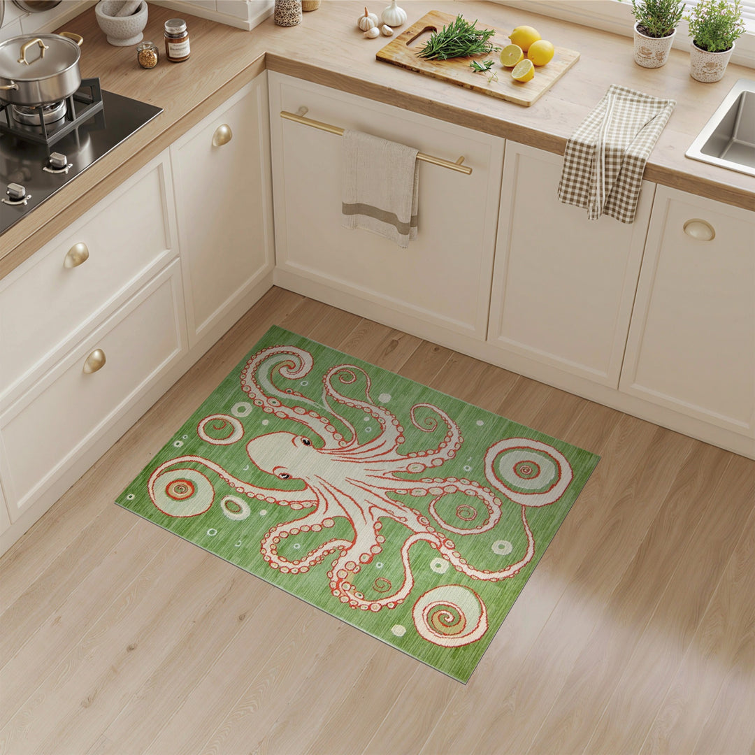 Green Octopus Swirl Washable Area Rug