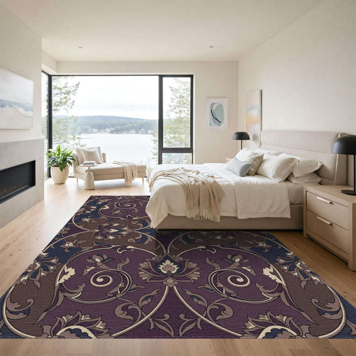 Rich Plum Floral Scrollwork Rug