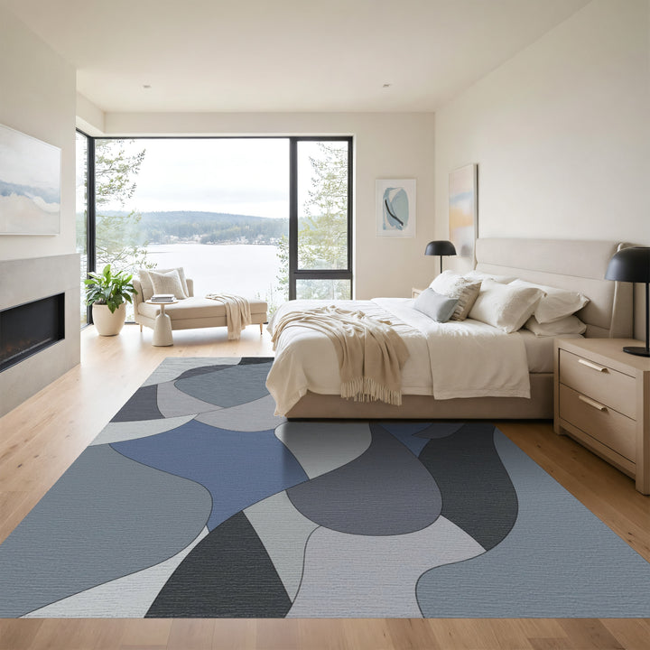 Modern Graphite Blue Abstract Waves Rug