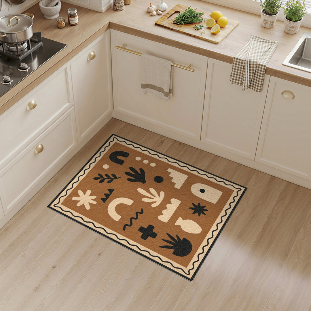 Abstract Brown Area Rug with Scalloped Border
