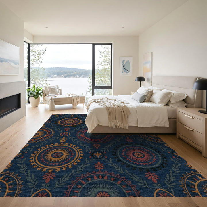 Dark Blue Medallion Floral Foliage Rug