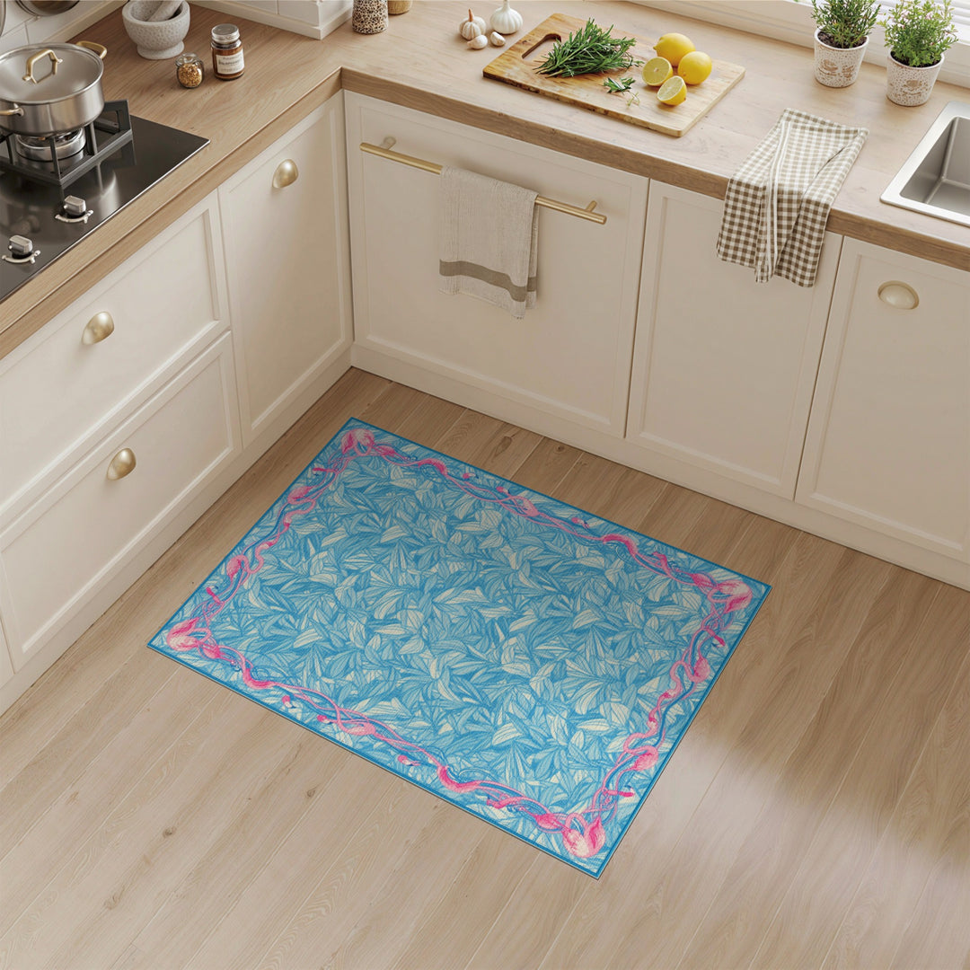 Blue Flamingo Border Washable Area Rug