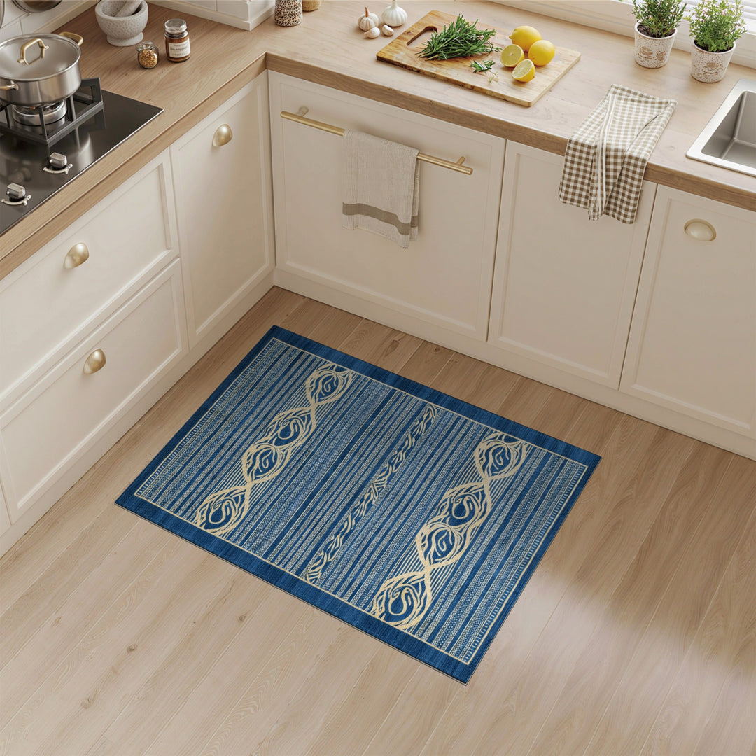 Navy Blue Coastal Wave Stripe Rug