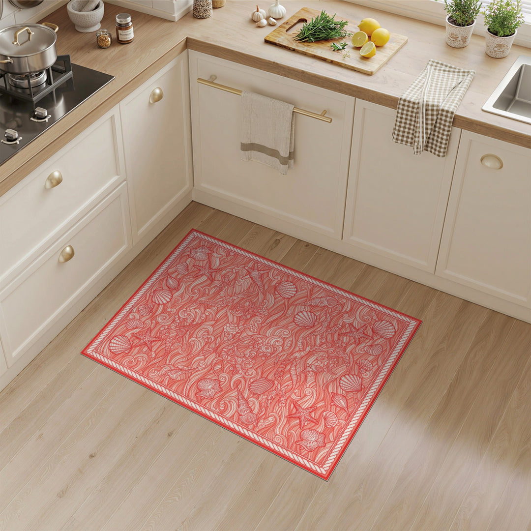 Red Coastal Mermaid Seashell Area Rug