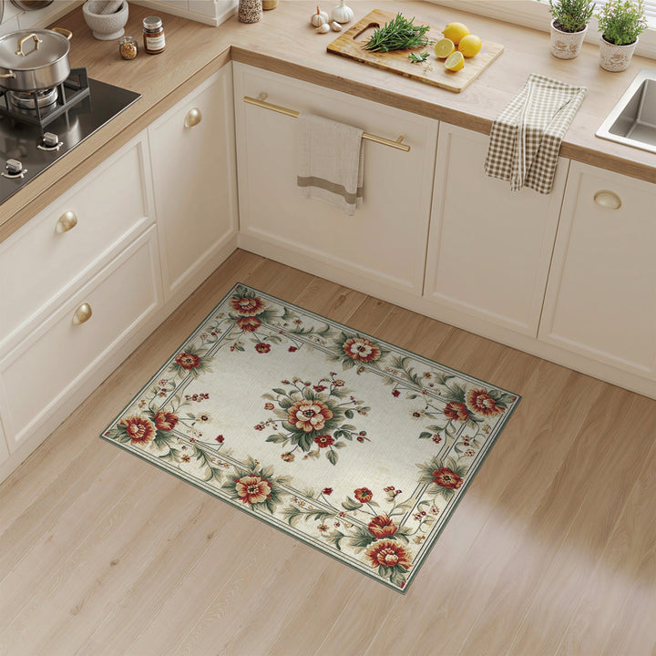 Vintage Floral Beige Area Rug with Red Peonies