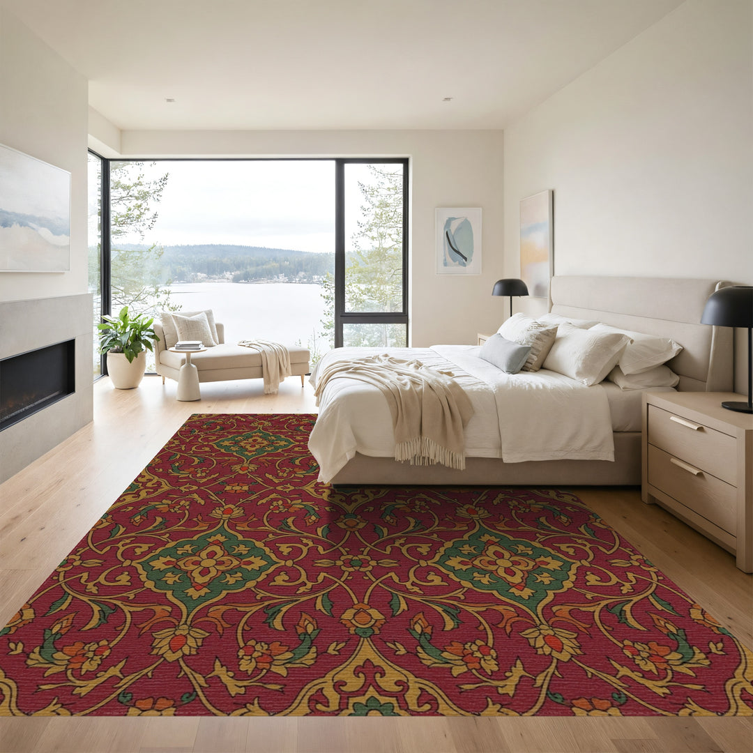 Ornate Crimson Emerald Floral Lattice Rug