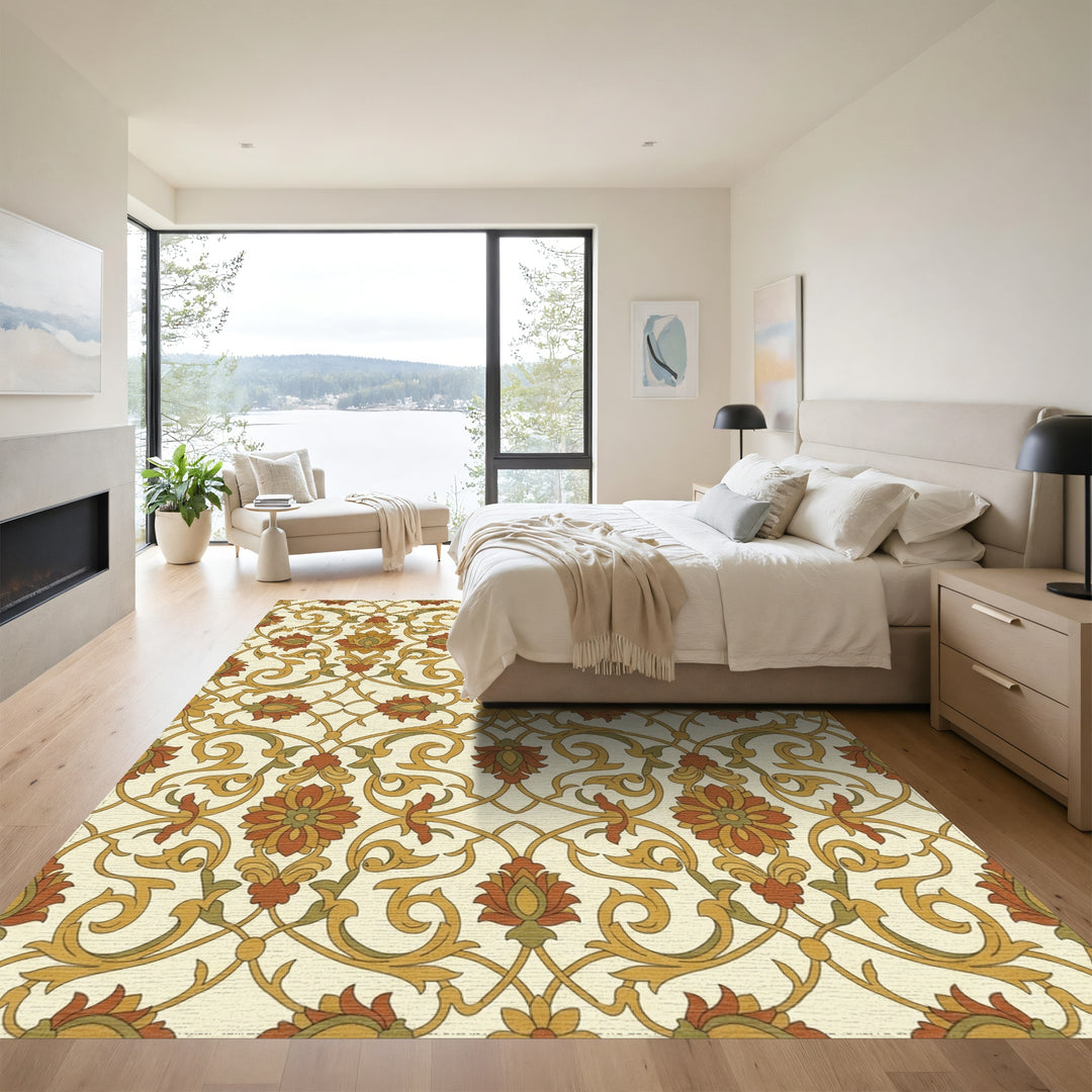 Terracotta Ochre Floral Lattice Rug
