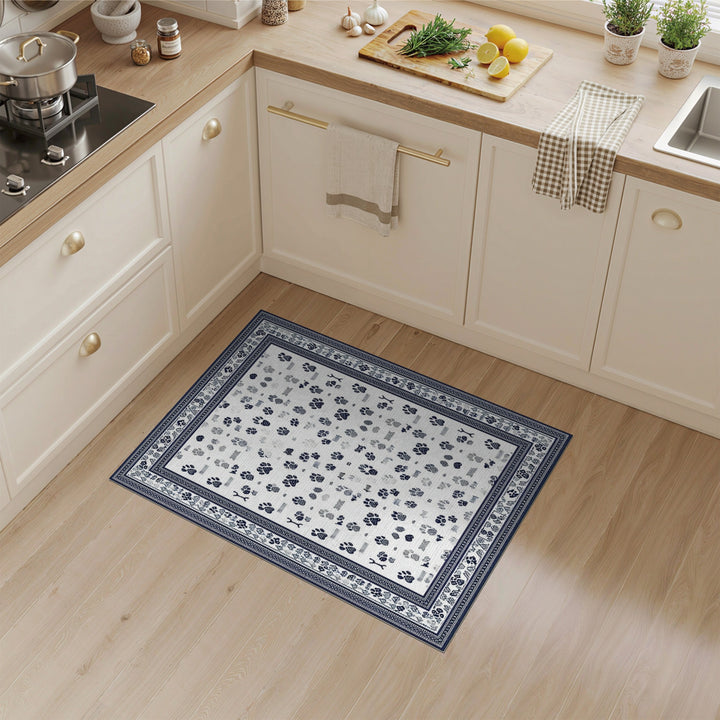 Blue Paw Print Washable Area Rug