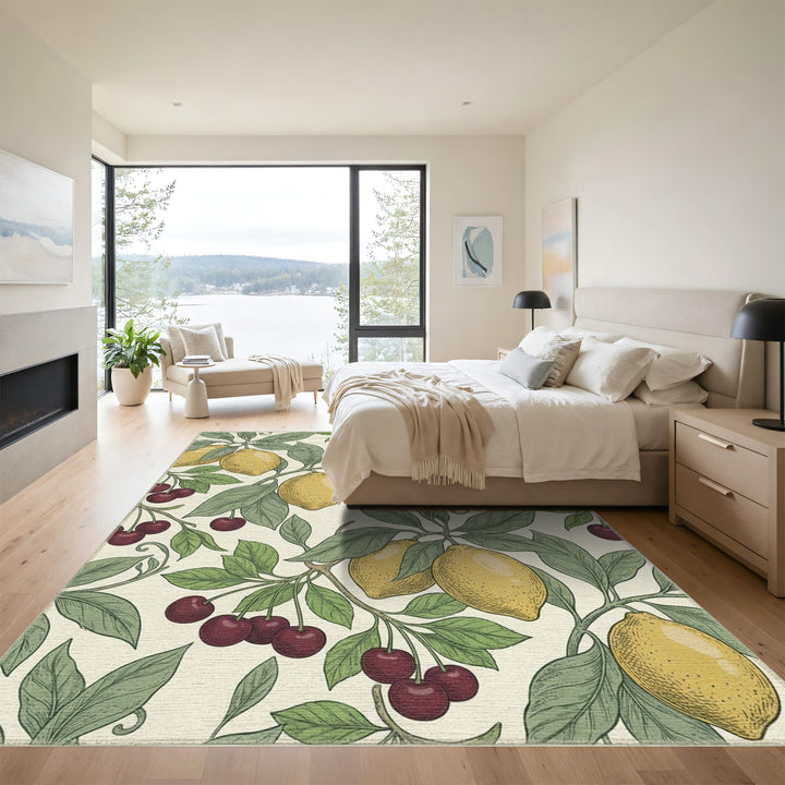 Yellow Lemon Cherry Leaf Branch Rug