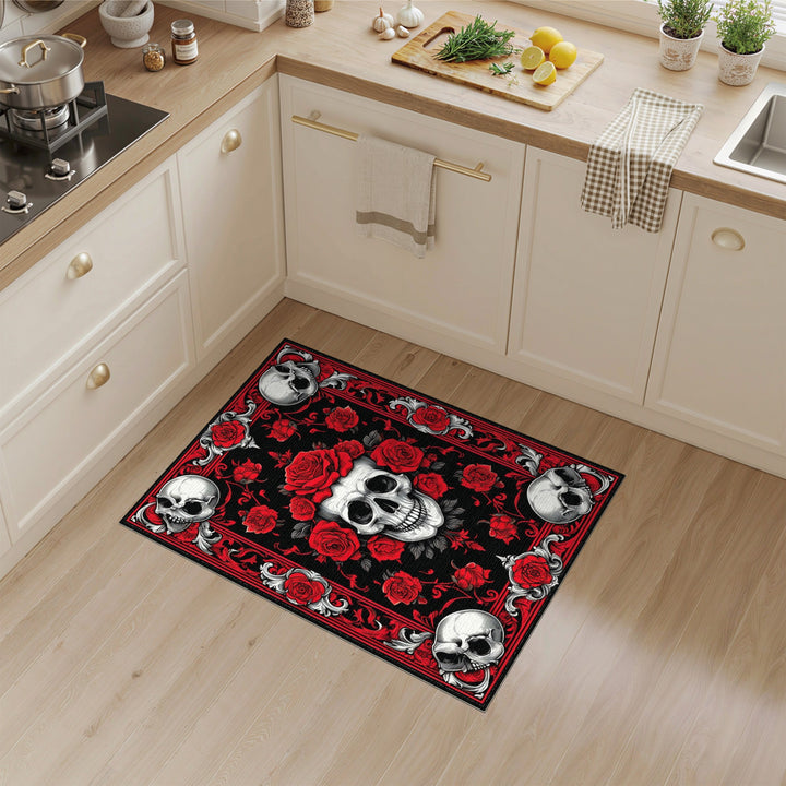 Red Rose Skull Floral Area Rug