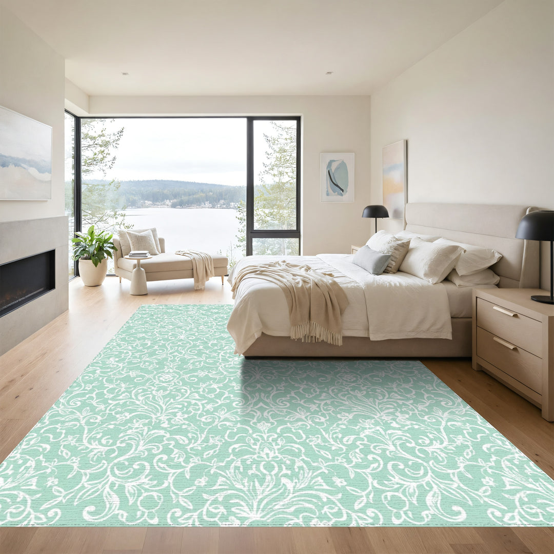Soft Aqua White Intricate Floral Scroll Rug