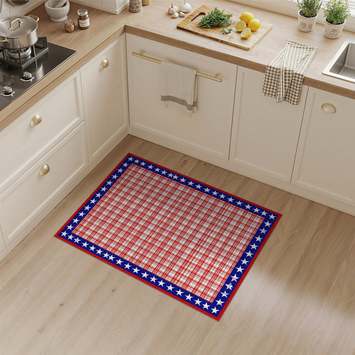 Red Plaid Rug with Blue Star Border