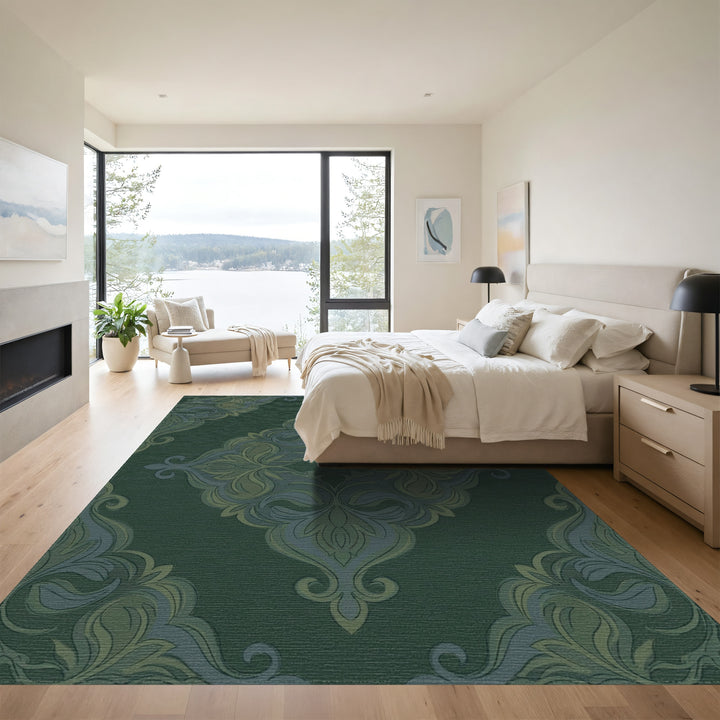 Deep Forest Green Damask Scroll Rug