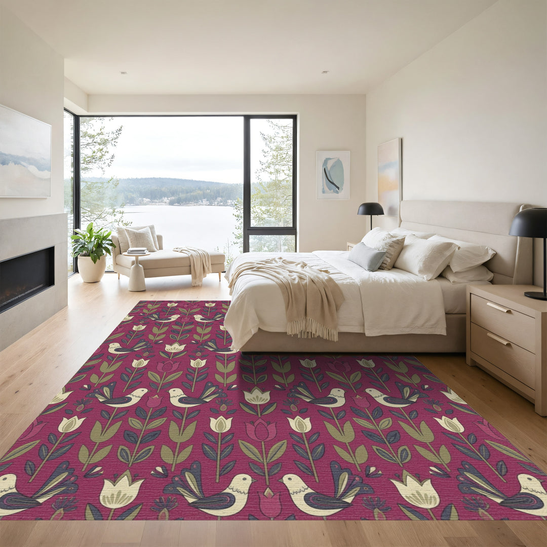 Crimson Floral Bird Melody Rug