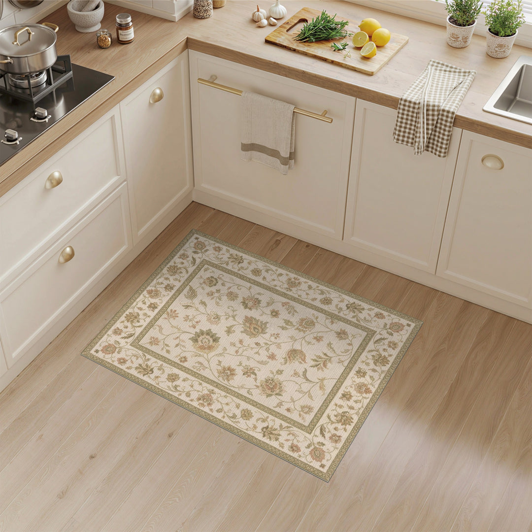 Floral Vintage Beige Area Rug with Green Accents