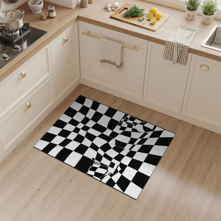 Black White Wavy Checkered Area Rug
