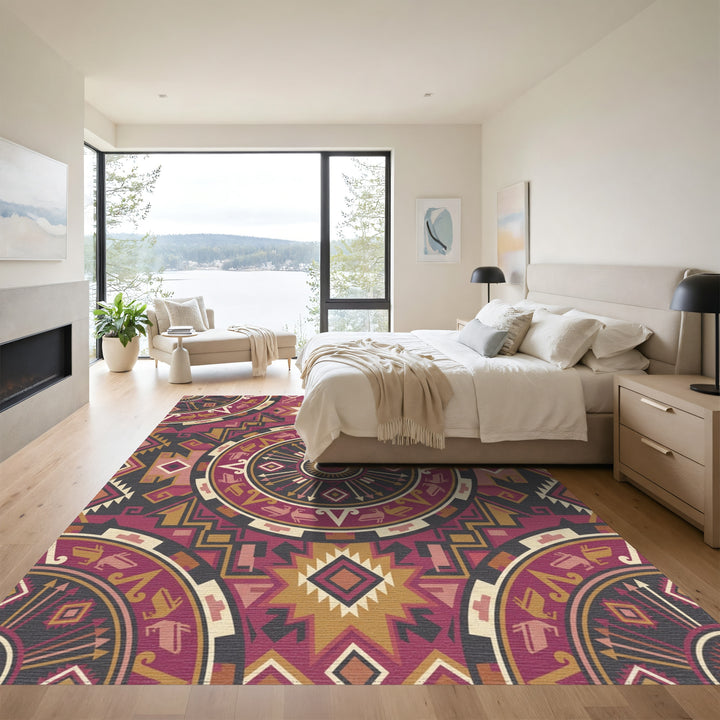 Rich Burgundy Geometric Sunburst Mandala Rug