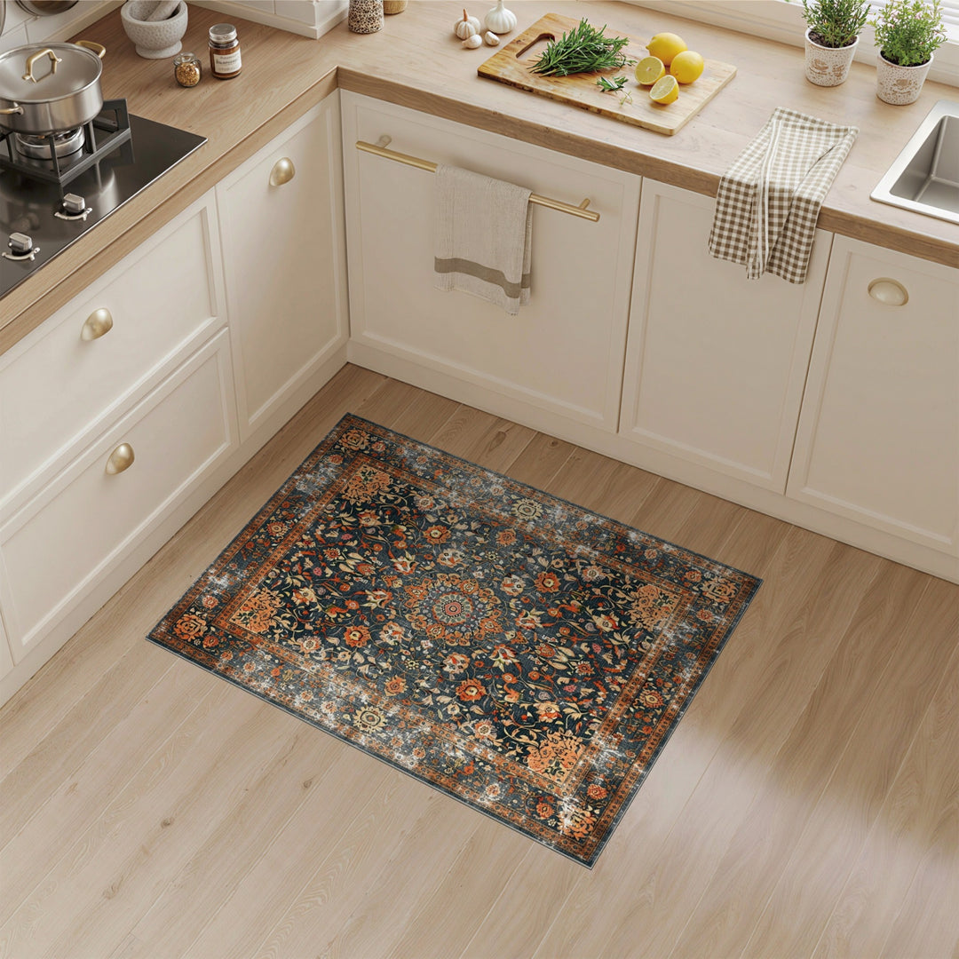 Blue Floral Distressed Vintage Rug
