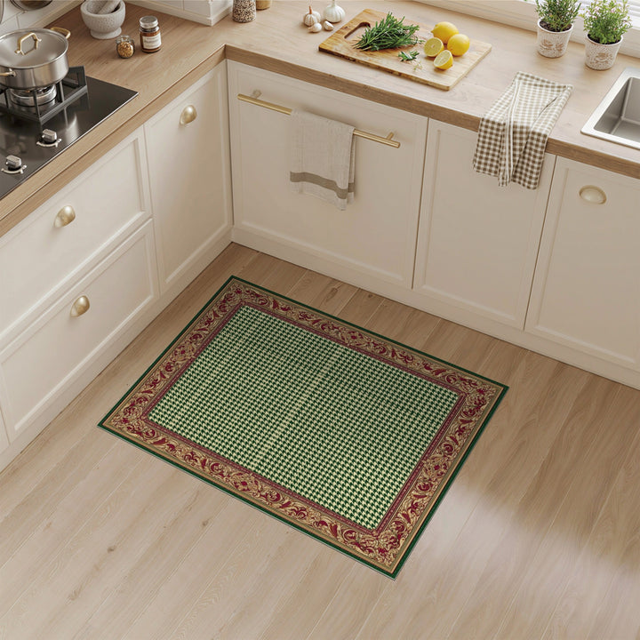 Green Houndstooth Area Rug with Ornate Border