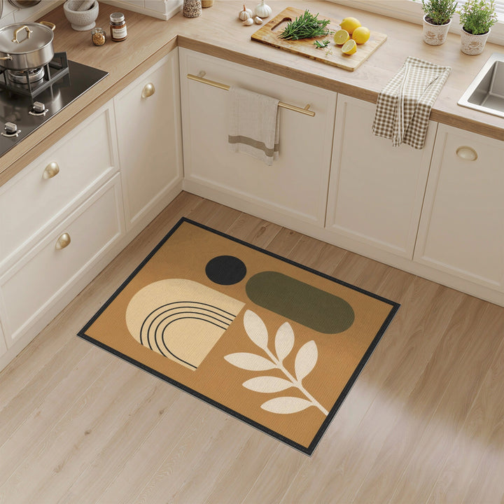 Abstract Brown Geometric Area Rug with Leaf