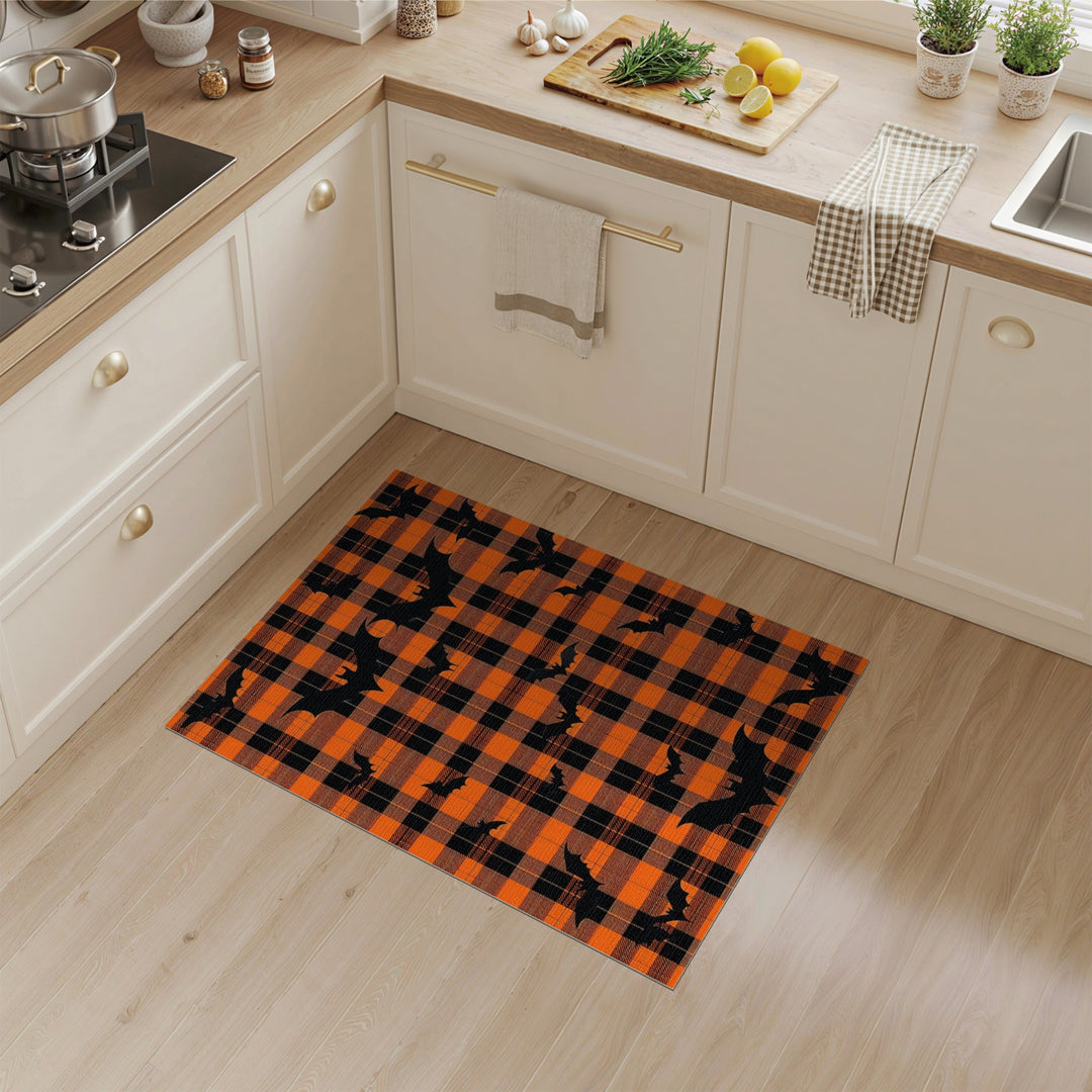Orange Plaid Bat Silhouette Area Rug